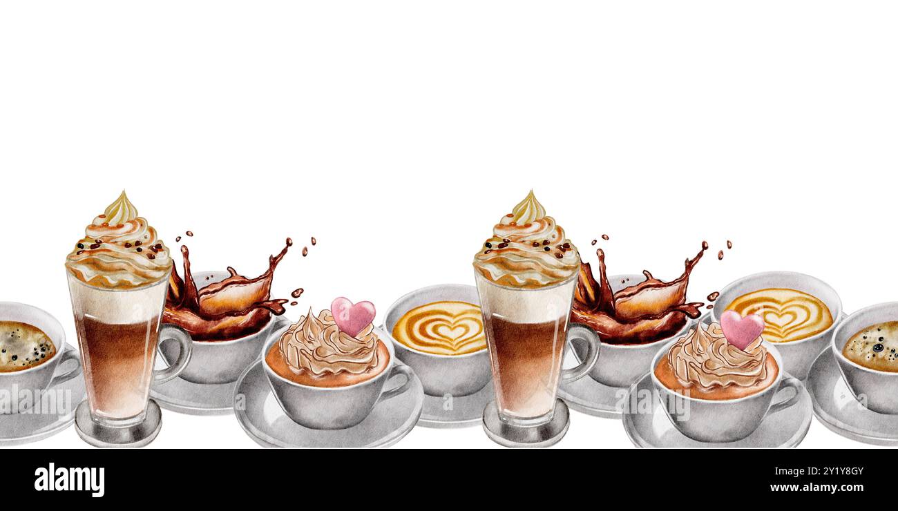 Bordo senza cuciture, striscione per tazze da caffè, latte con schiume e schizzi diversi, schiuma, crema su sfondo bianco. Illustrazione acquerello per caffè, caffetteria, menu, logo, negozio, macchine per il caffè Foto Stock