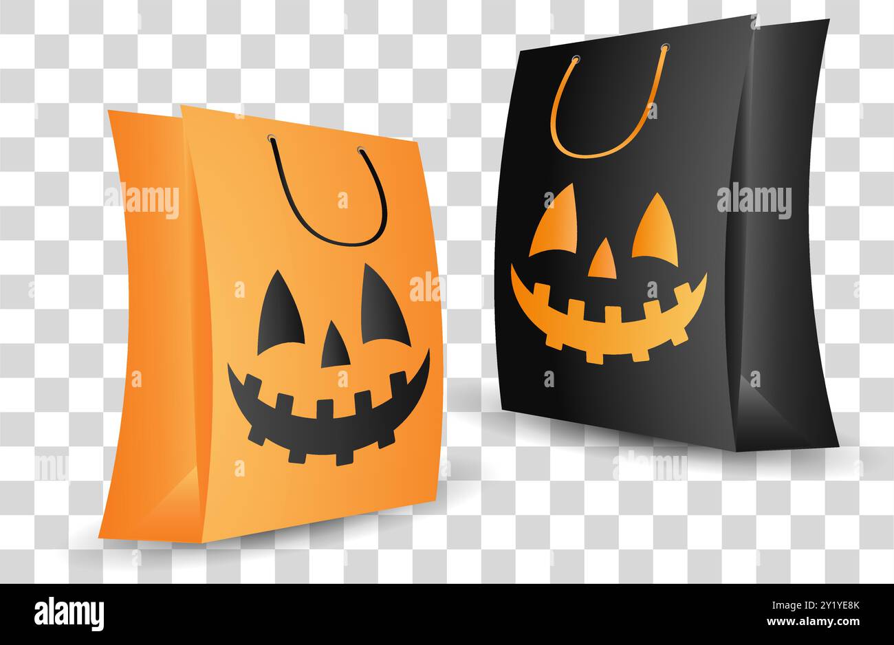 Due borse per la spesa a tema Halloween, una arancione e una nera, con volti di Jack-o-lanterna. Presentato su uno sfondo a scacchi trasparente. Concetto Illustrazione Vettoriale