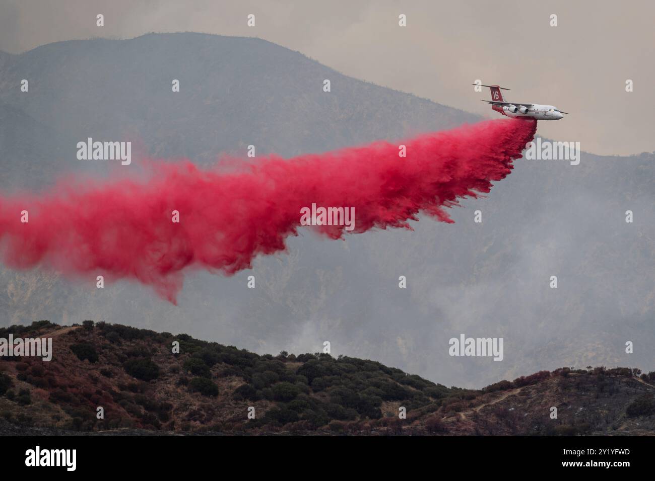 Highland, Stati Uniti. 7 settembre 2024. Una cisterna antincendio del Dipartimento delle foreste e della protezione antincendio della California che effettua una caduta ritardante. Il Line Fire cresce fino a oltre 7000 acri nella contea di San Bernardino e rimane contenuto allo 0%. La causa dell'incendio è sconosciuta. (Foto di Jon Putman/SOPA Images/Sipa USA) credito: SIPA USA/Alamy Live News Foto Stock