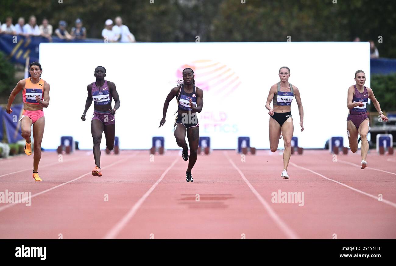 Zagabria, Croazia. 8 settembre 2024. ZAGABRIA, CROAZIA - 8 SETTEMBRE: Jenna Prandini degli Stati Uniti, Gina Mariam Bass Bittaye del Gambia, Shashalee Forbes della Giamaica, Boglarka Takacs dell'Ungheria e Lina Hribar della Slovenia gareggiano nei 100 m femminili durante il giorno 3 del 74° Memoriale Boris Hanzekovic, parte del World Athletics Continental Tour Gold, allo Sports Park Mladost l'8 settembre 2024 a Zagabria, Croazia. Foto: Marko Lukunic/Pixsell credito: Pixsell/Alamy Live News Foto Stock