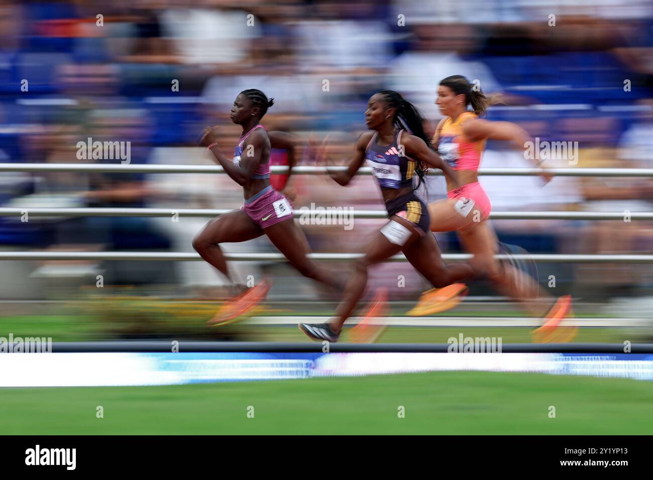 Zagabria, Croazia. 8 settembre 2024. ZAGABRIA, CROAZIA - 8 SETTEMBRE: Gina Mariam Bass Bittaye del Gambia, Shashalee Forbes della Giamaica e Jenna Prandini degli Stati Uniti gareggiano nei 100 m femminili durante il giorno 3 del 74° Memoriale Boris Hanzekovic, parte del World Athletics Continental Tour Gold, allo Sports Park Mladost l'8 settembre 2024 a Zagabria, Croazia. Foto: Igor Kralj/Pixsell credito: Pixsell/Alamy Live News Foto Stock