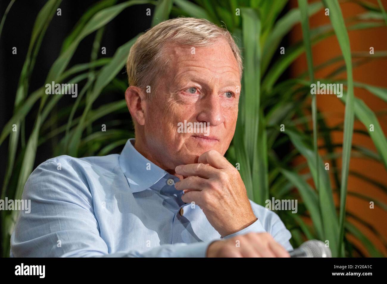 Austin Texas USA, 7 settembre 2024: L'investitore e co-fondatore di galvanize Climate Solutions TOM STEYER parla dei cambiamenti climatici nell'ultimo giorno del quattordicesimo festival annuale del Texas Tribune nel centro di Austin. Il Festival riunisce politici e influenti leader di pensiero nel servizio pubblico per discutere gli eventi e le politiche attuali. ©Bob Daemmrich Foto Stock