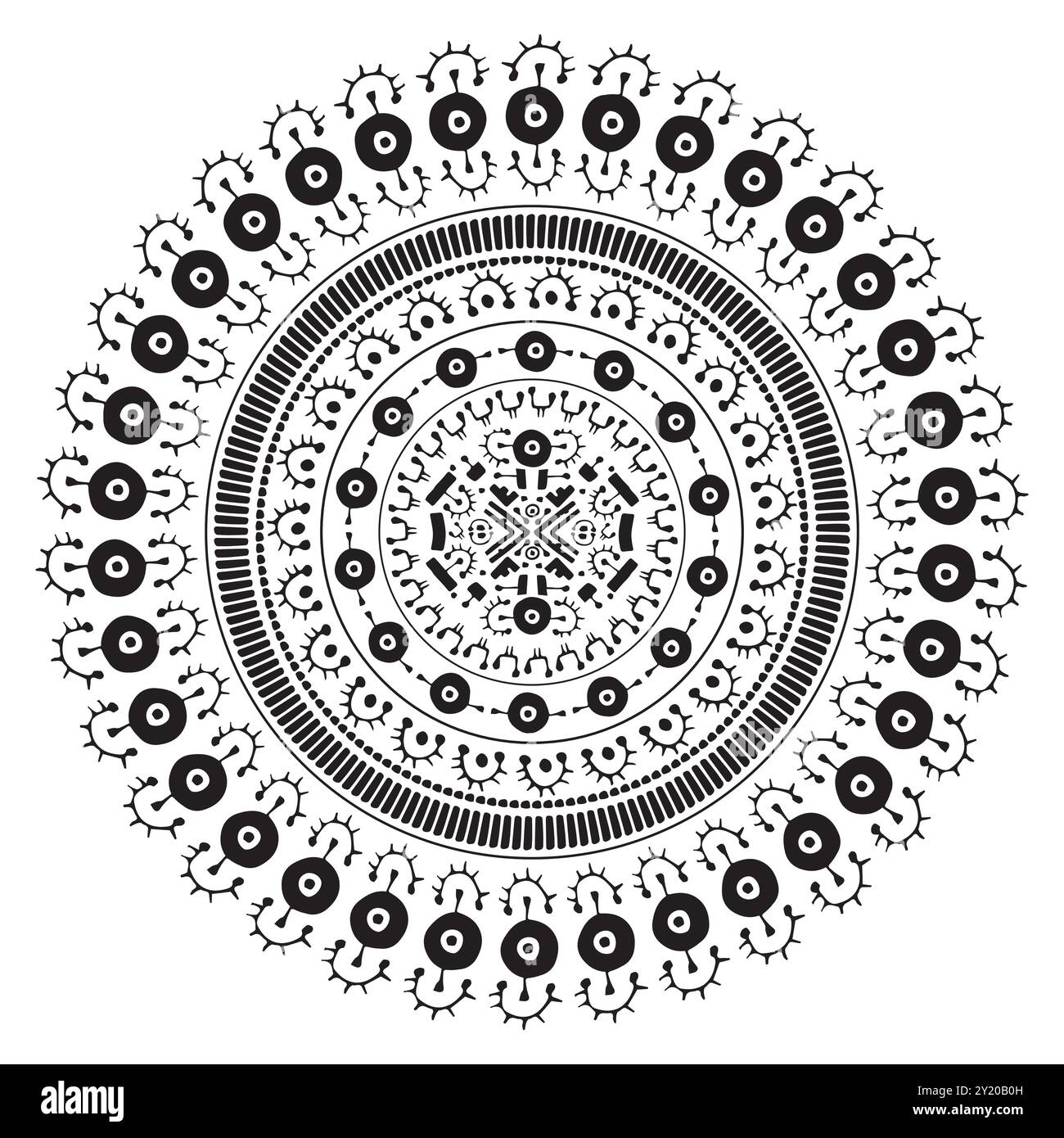 Design circolare vettoriale mandala con motivo tatuaggio, ornamenti geometrici polinesiani tribali o hawaiani in bianco e nero Illustrazione Vettoriale