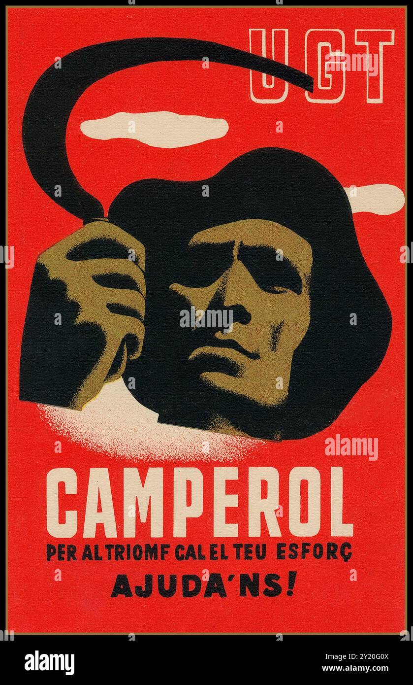 Poster della guerra civile spagnola 1936/1939, UGT 'Workers your help is needed' 1930s 'CAMPEROL per altriomf cal el teu esforc AJUDa'NS ! ' Spagna. Guerra civile spagnola, (1936–39), rivolta militare franco contro il governo repubblicano spagnolo, sostenuta da elementi conservatori all'interno del paese. Quando un colpo di Stato militare iniziale non riuscì a conquistare il controllo dell'intero paese, ne seguì una sanguinosa guerra civile, combattuta con grande ferocia da entrambe le parti, i nazionalisti vinsero la guerra civile spagnola, che terminò nell'aprile 1939. I nazionalisti erano guidati dal generale Francisco Franco. Il Unión General de Trabajadores UGT Foto Stock