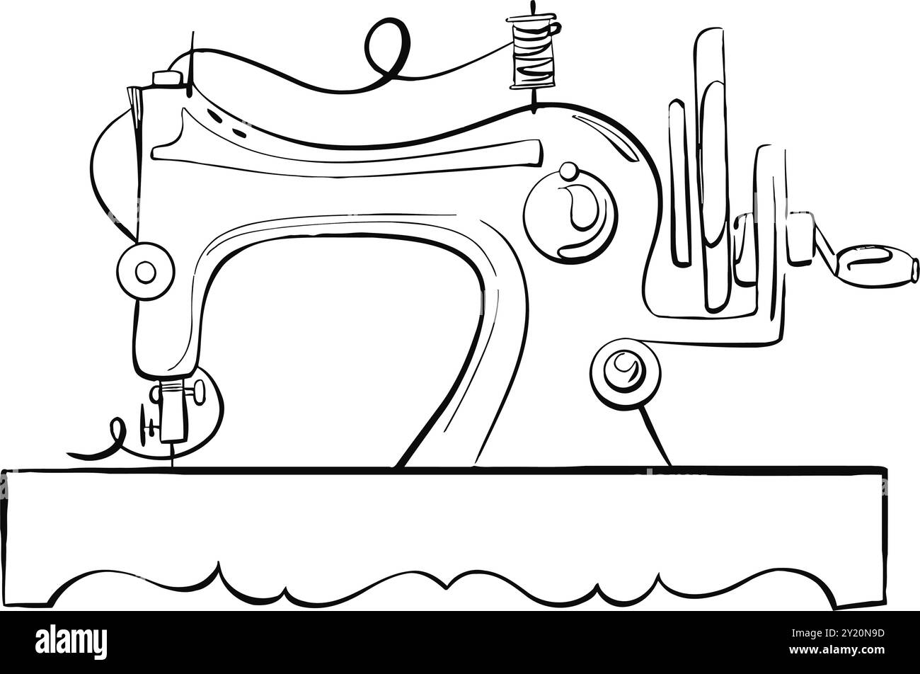 Macchina da cucire vintage per sartoria. Design degli abiti. Artigianato per la moda in stile retrò. Linea vettoriale grafica, disegnata a mano, silhouette nera per Illustrazione Vettoriale