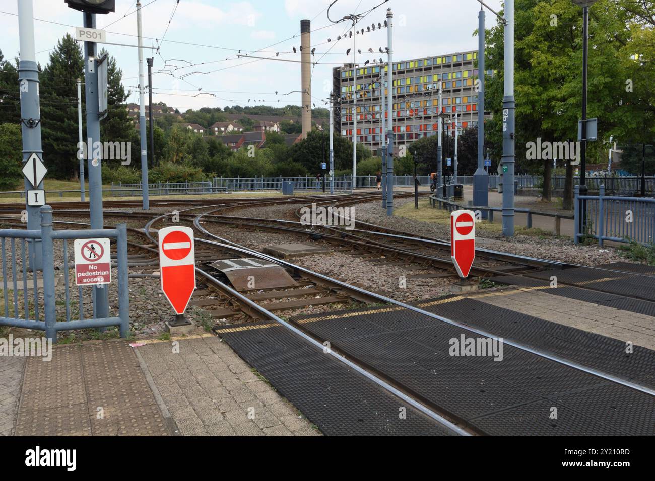 Le linee del tram nel centro di Sheffield, Inghilterra, Regno Unito, l'incrocio della rete ferroviaria leggera Trackscape non prevede l'ingresso pedonale Foto Stock