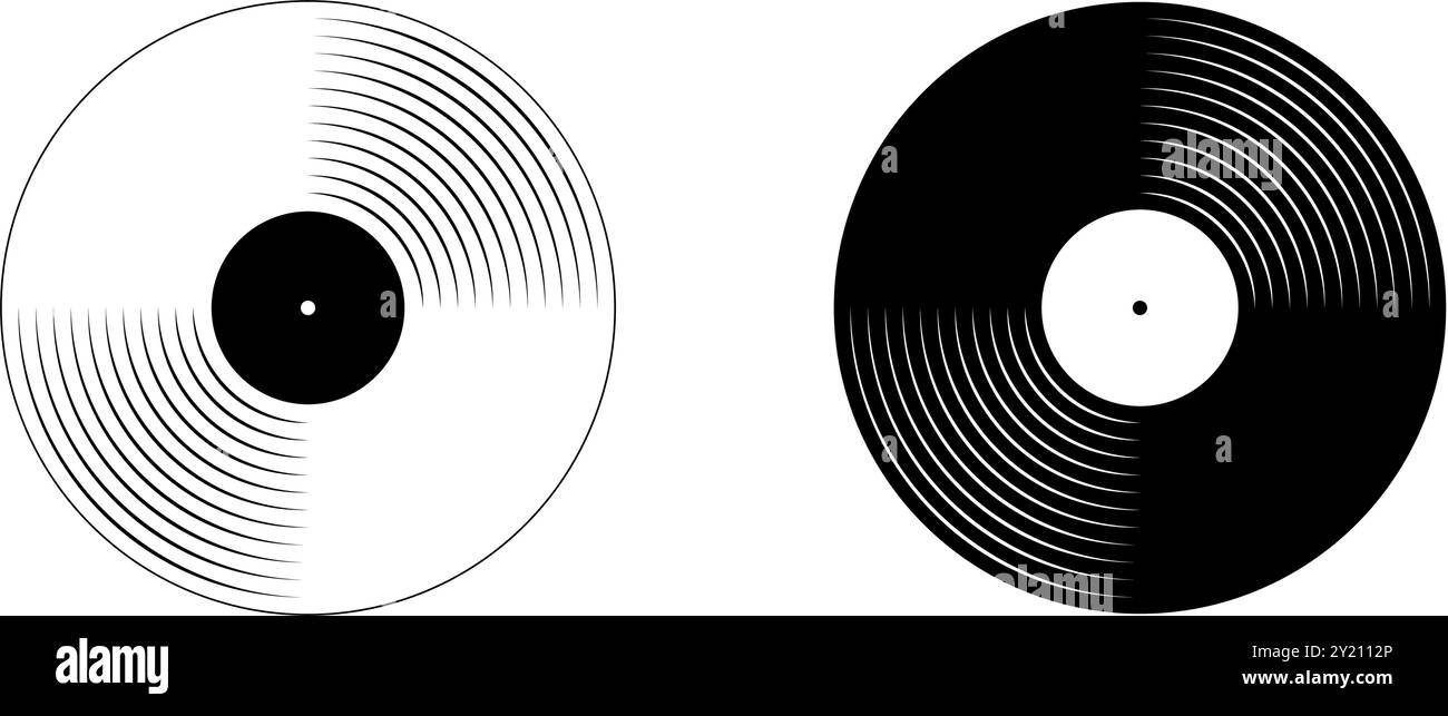 Icone di registrazione in vinile bianco e nero. LP o Long Play Music Disc isolati su sfondo bianco. Attrezzatura da DJ per feste techno club o nostalgia discoteca anni '80 degli anni '70. Illustrazione grafica vettoriale. Illustrazione Vettoriale