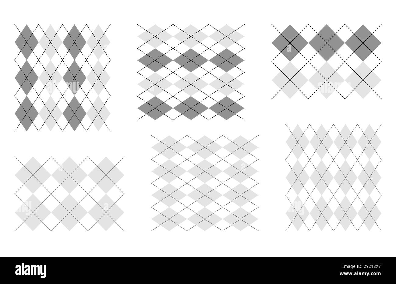 Set di pizzi con motivo senza cuciture Argyle. Stampa uniforme per l'illustrazione tecnica dell'abbigliamento accessorio Fashion. Scala di grigi vettoriale linee nere contorno piatto dello schizzo isolato su sfondo bianco Illustrazione Vettoriale