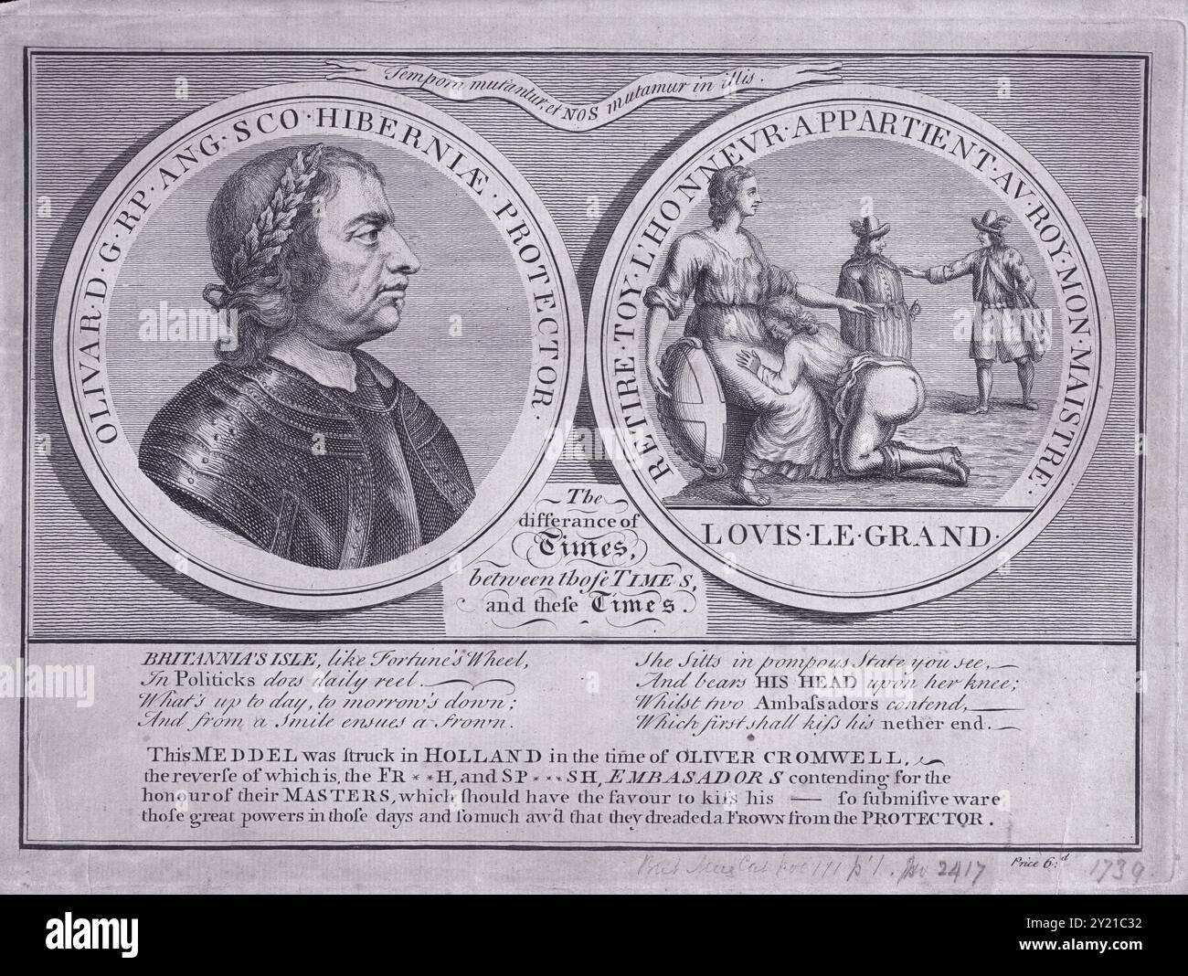 Oliver Cromwell a sinistra e il protettore inginocchiato con la testa appoggiata sul grembo di Britannia a destra. Costruito nel 1739, simboleggia la storia e l'autorità britanniche. Foto Stock