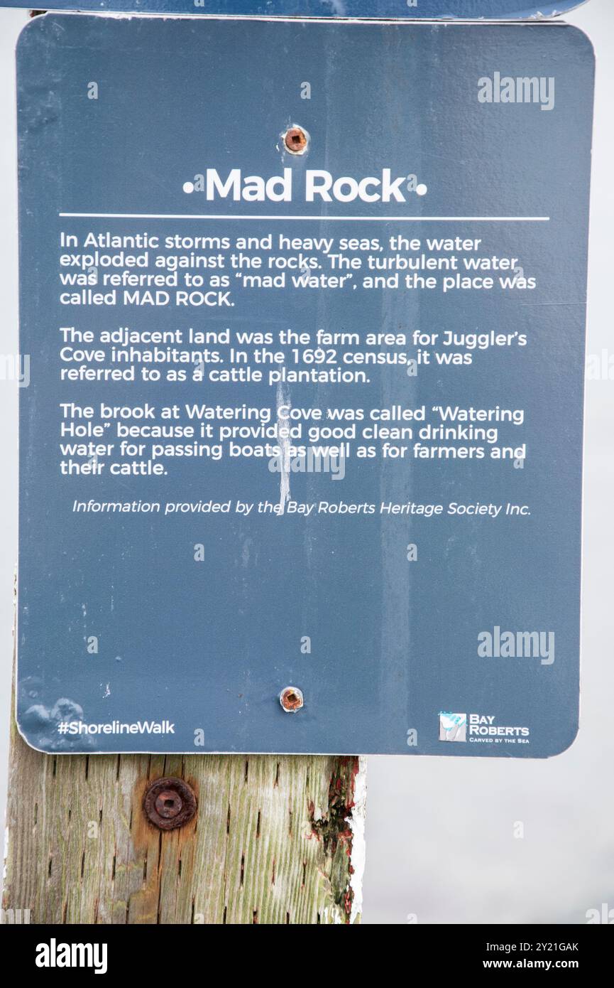 Cartello informativo Heritage Society Mad Rock a Bay Roberts, Newfoundland & Labrador, Canada Foto Stock