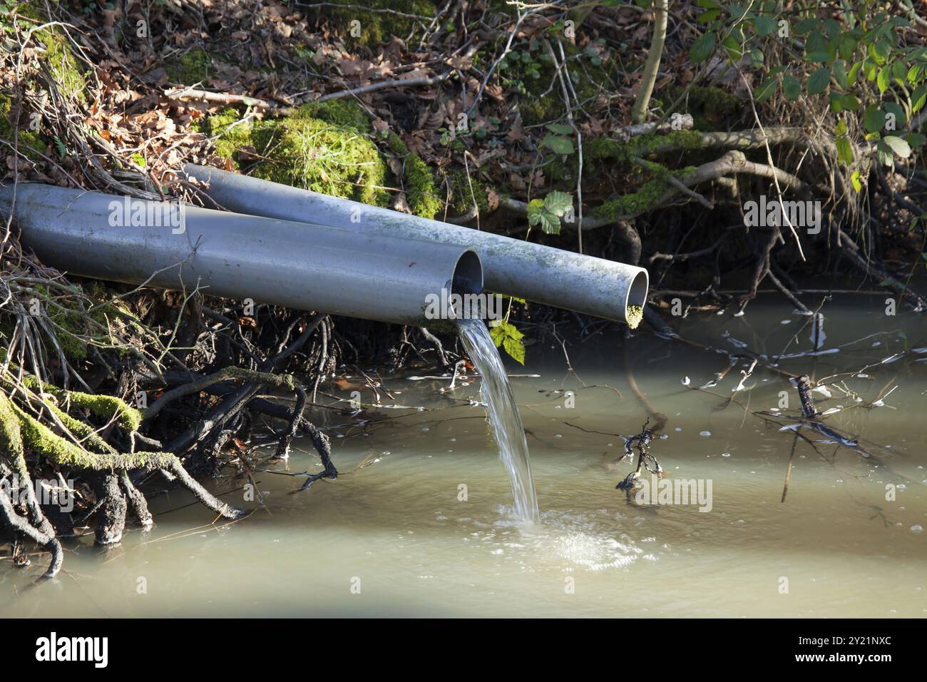 Acqua tubo di efflusso con acqua versando in flusso di bosco Foto Stock