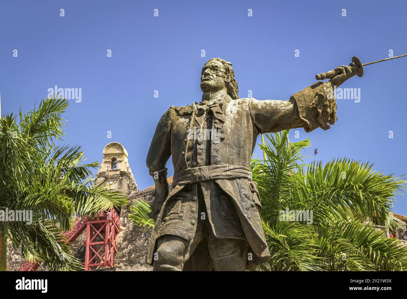 Primo piano del monumento Blas de Lezo in Piazza San Felipe nella città vecchia, Cartagena, Colombia, Sud America Foto Stock