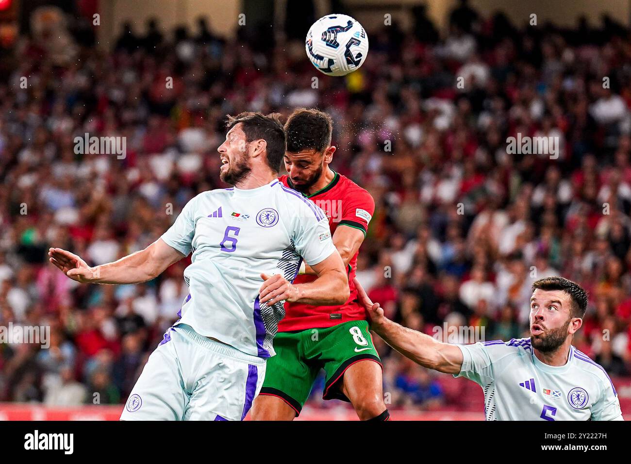 LISBONA, PORTOGALLO - 8 SETTEMBRE: Joao Palhinha del Portogallo e Bruno Fernandes del Portogallo gareggiano per il pallone da testa durante la partita di campionato A di UEFA Nations League 2024/25 del gruppo A1 tra Portogallo e Scozia all'Estadio do SL Benfica l'8 settembre 2024 a Lisbona, Portogallo. (Foto di Rene Nijhuis) credito: René Nijhuis/Alamy Live News Foto Stock