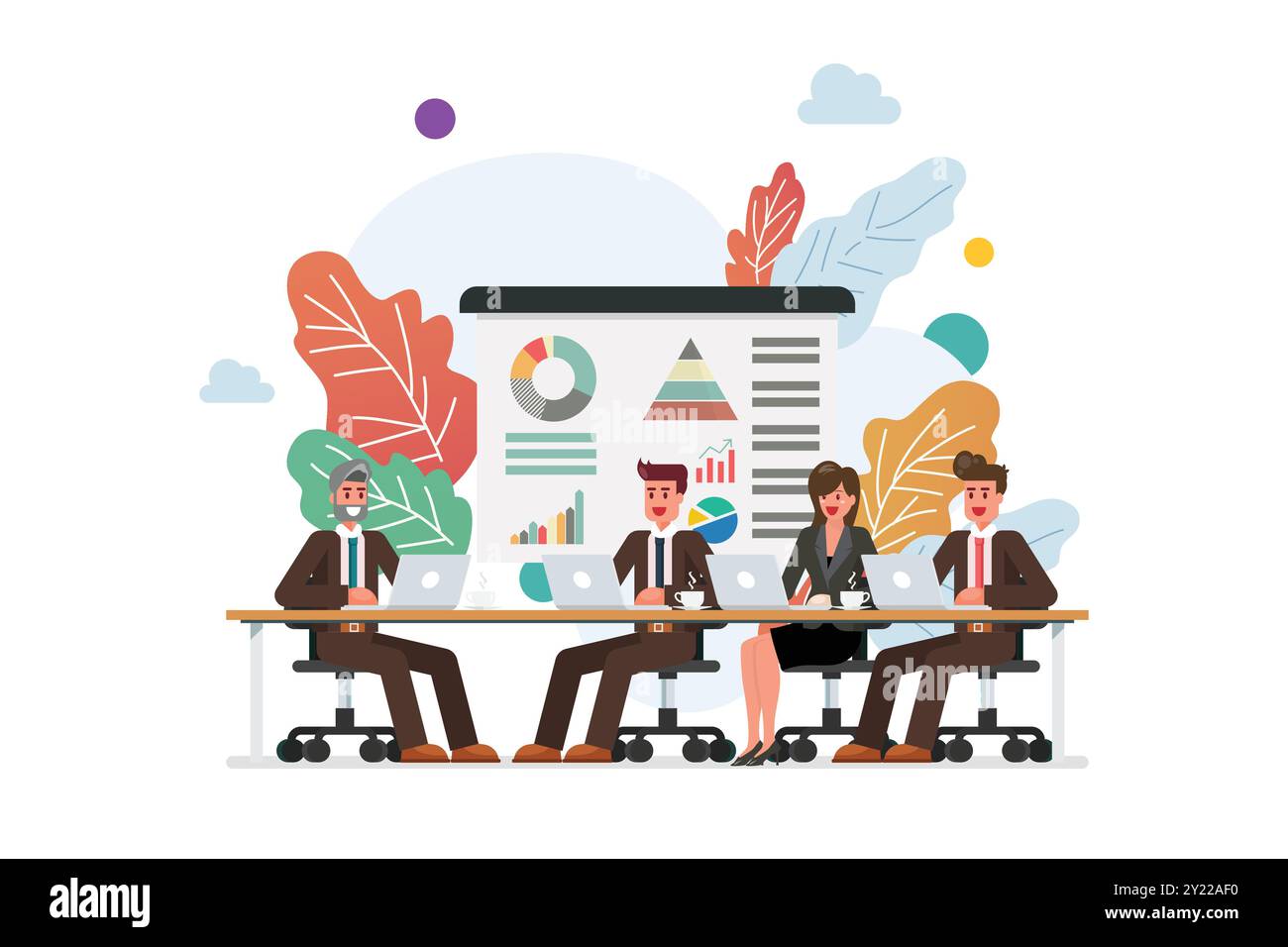 Uomini d'affari che si incontrano sul tavolo con un background naturale. Illustrazione vettoriale Illustrazione Vettoriale