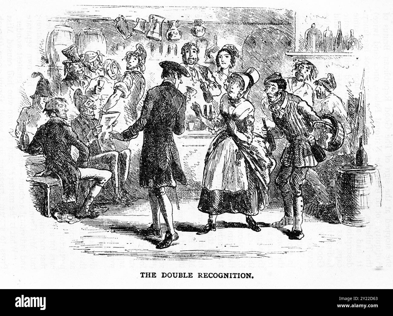Incisione di una scena del libro A tale of Two Cities di Charles Dickens, edizione del XIX secolo, che mostra il doppio riconoscimento Foto Stock