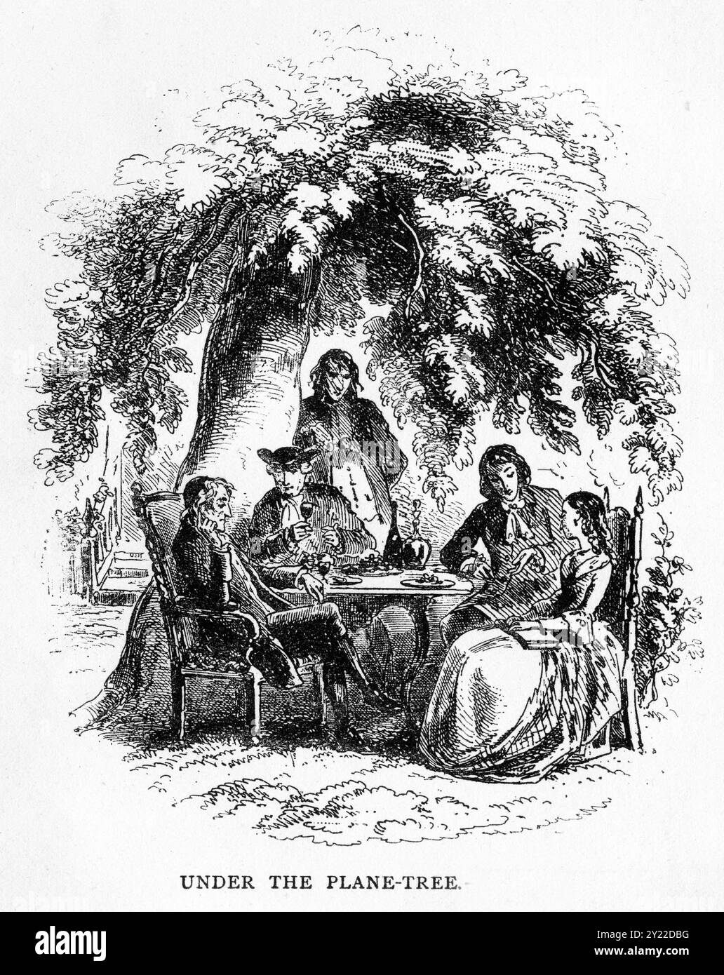 Incisione di una scena del libro A tale of Two Cities di Charles Dickens, edizione del XIX secolo, che mostra un pasto di famiglia in giardino Foto Stock