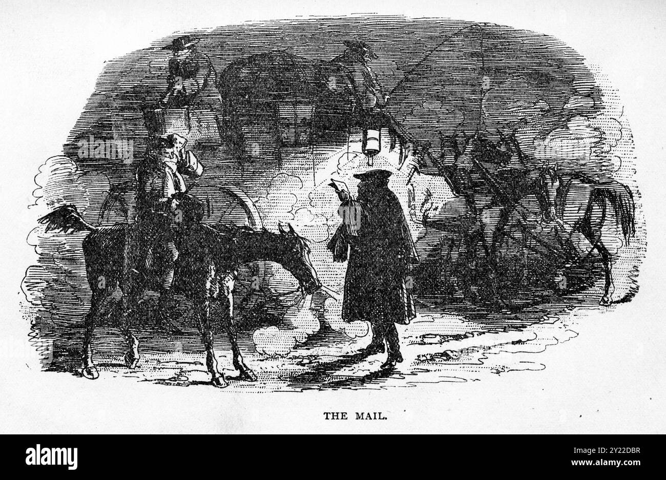 Incisione di una scena del libro A tale of Two Cities di Charles Dickens, edizione del XIX secolo, che mostra una consegna della posta di notte Foto Stock