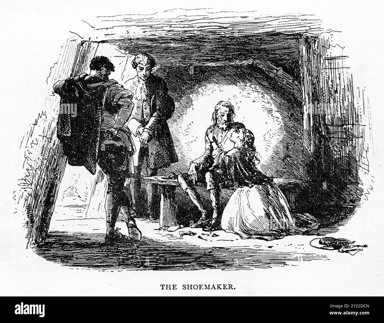 Incisione di una scena del libro A tale of Two Cities di Charles Dickens, edizione del XIX secolo, che mostra il calzolaio nella sua cella di prigione Foto Stock