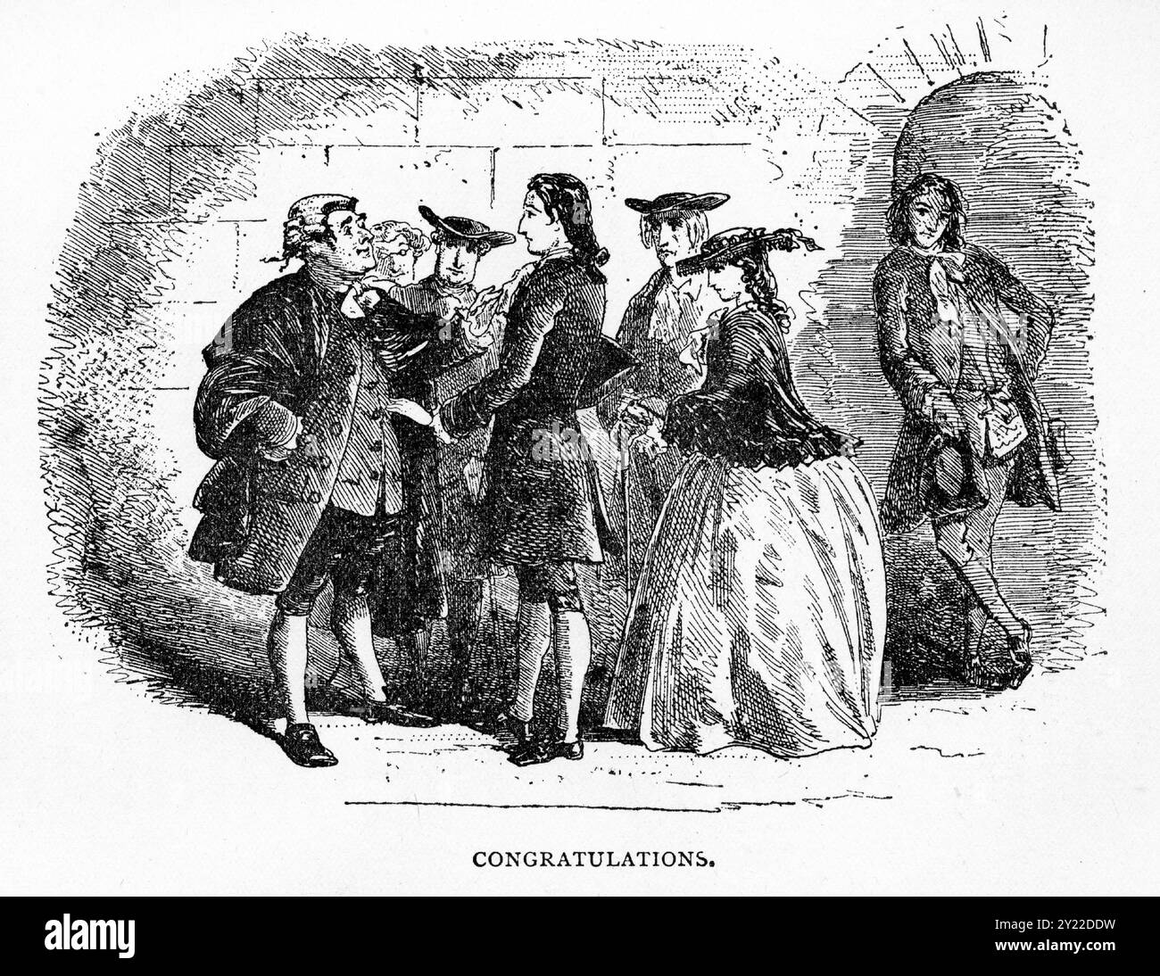 Incisione di una scena del libro A tale of Two Cities di Charles Dickens, edizione del XIX secolo, che mostra le persone che si congratulano con l'esito del processo Foto Stock
