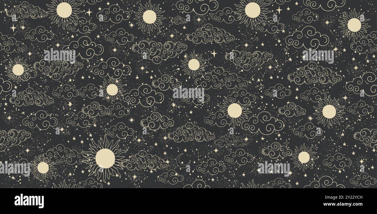 Schema celeste senza cuciture con sole, luna e stelle su sfondo nero, sfondo astrologico mistico, ornamento vettoriale dell'oroscopio. Striscione zodiacale, f Illustrazione Vettoriale