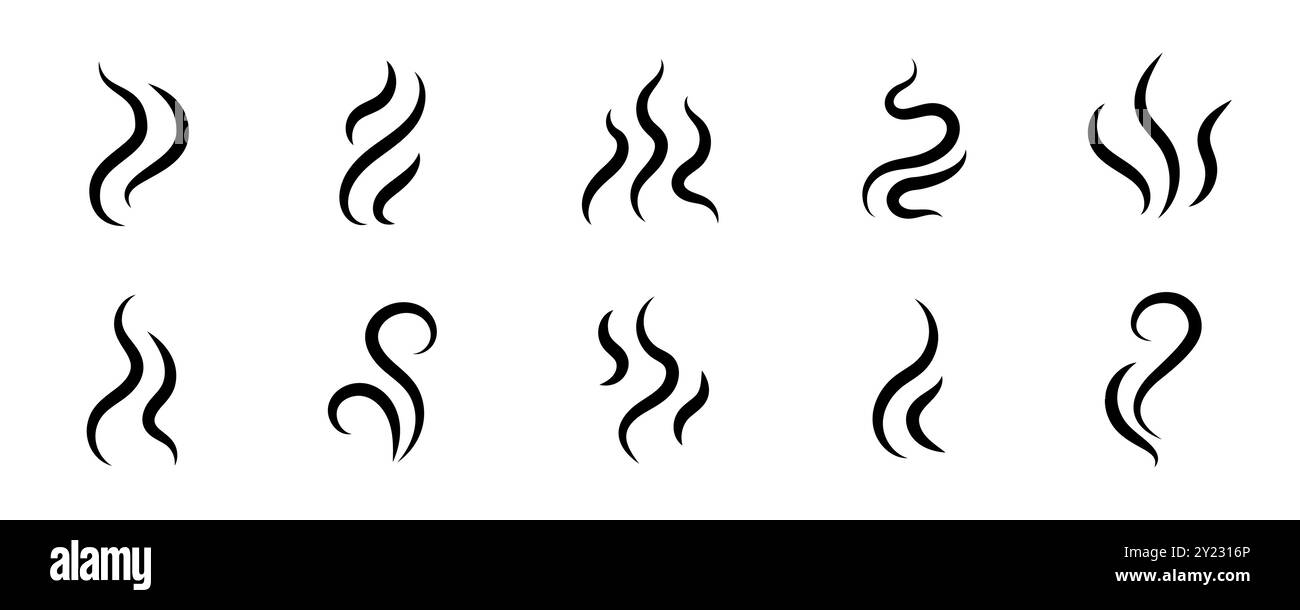 Set di logo del vettore dell'icona del vapore di fumo. Illustrazione dell'icona dell'odore di fumo, dell'aroma di vapore e del calore. Logo della linea di scarabocchi fuoco vapore caldo. Colpire puzza, caffè, fragranza elementi fiamma. Illustrazione vettoriale. Illustrazione Vettoriale