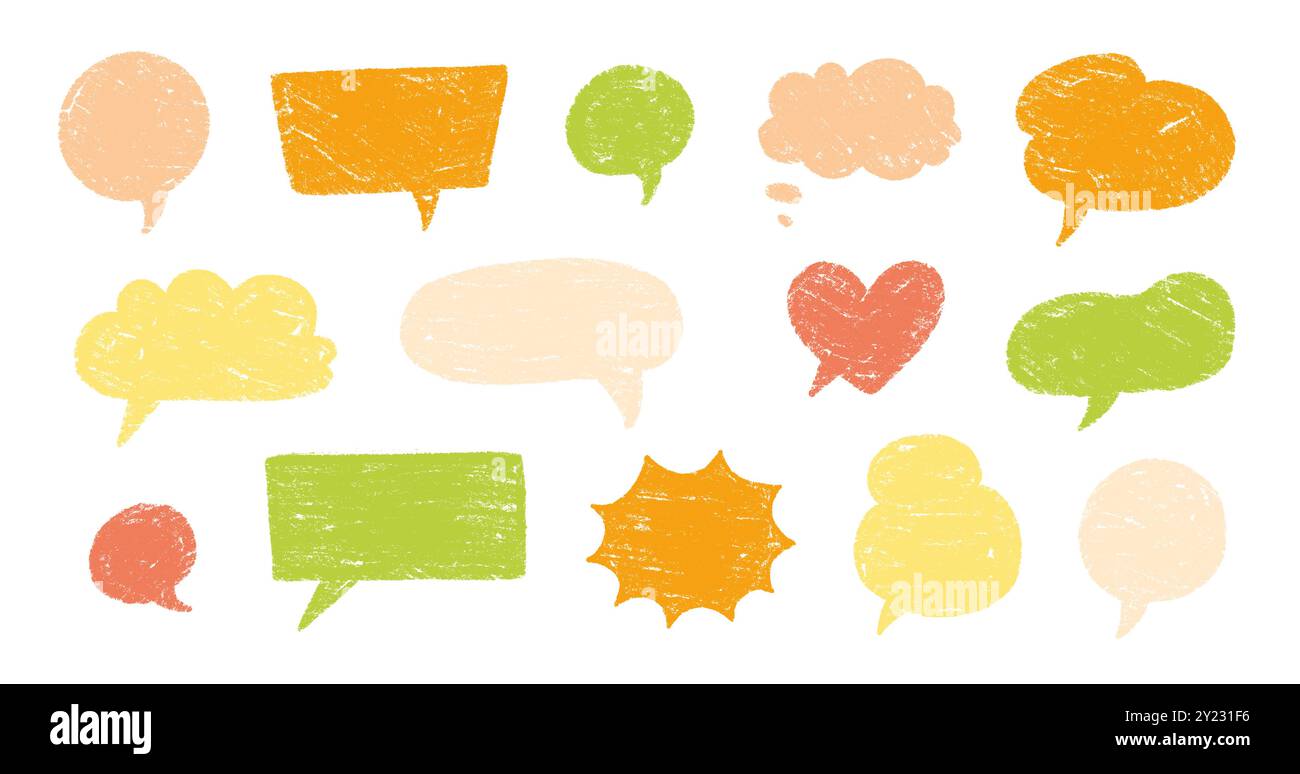 Matita di immagini con palloncino per il video. Set di bolla per nuvole per pastelli disegnati a mano. Testo dello schizzo della trama del gessetto parla sfondo della cornice della bollatura del fumetto. Illustrazione vettoriale. Illustrazione Vettoriale