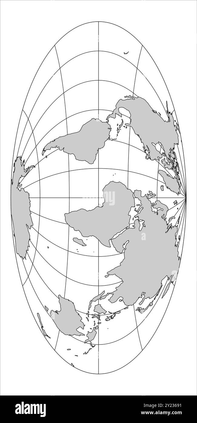 Questa rappresentazione vettoriale visualizza la mappa del mondo in proiezione Aitoff, mostrando continenti, oceani e linee geografiche. Il layout evidenzia i confini curvi della massa terrestre e dell'acqua. Illustrazione Vettoriale