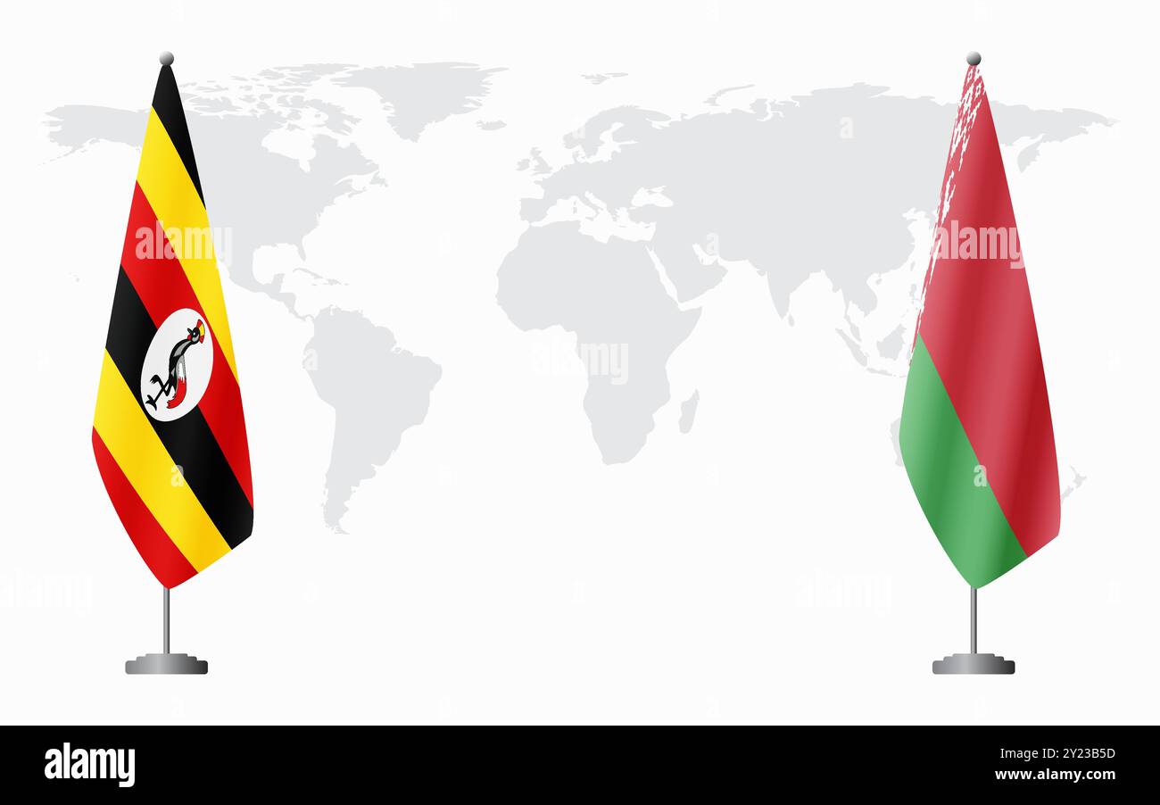Bandiere ugandesi e bielorusse per riunioni ufficiali sullo sfondo della mappa mondiale. Illustrazione Vettoriale