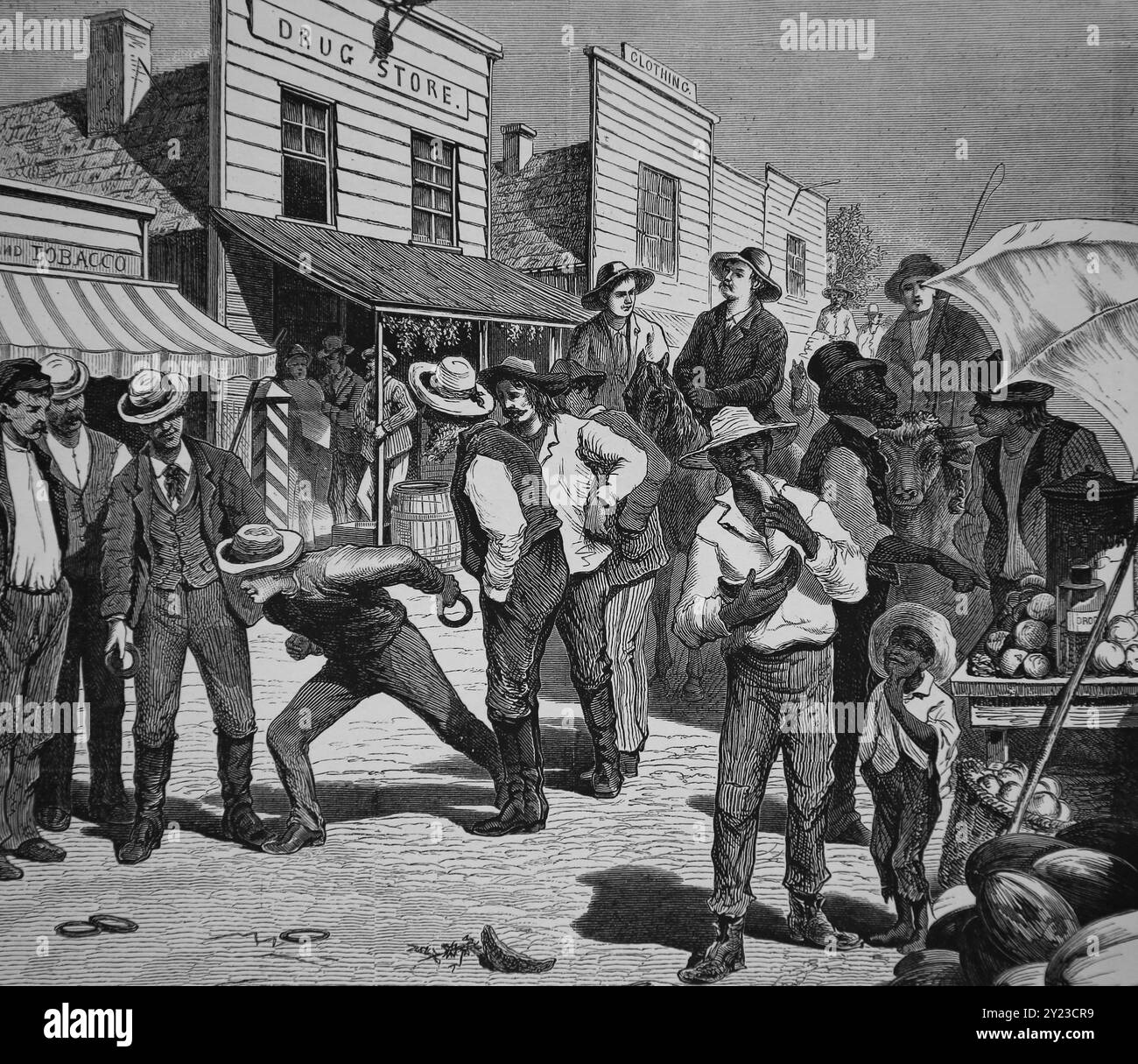 Stati Uniti. Denison, Texas. Sabato a mezzogiorno con contadini, allevatori, mani assunte e bambini. Incisione, 1874. Harper's Weekly. Foto Stock