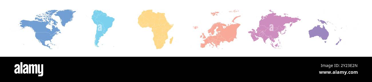 Set di sei mappe mondiali di seguito: Nord America, Sud America, Africa, Europa, Asia e Australia. Mappa vuota vettoriale piatta Illustrazione Vettoriale