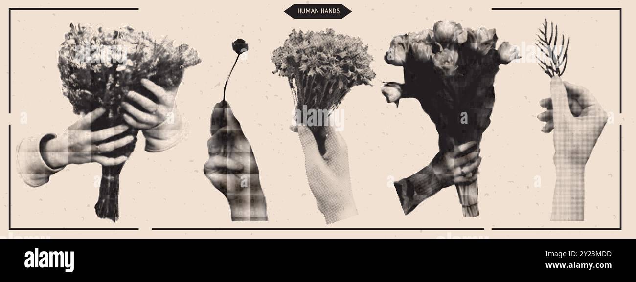 Set di mani umane con bouquet di fiori con effetto retrò mezzitoni. Elementi vettoriali in stile pop art punteggiato Illustrazione Vettoriale