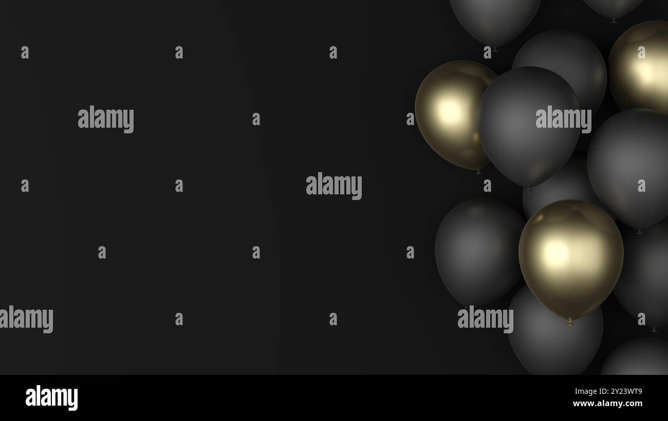 Palloncini dorati su sfondo nero. Black Friday. Vuoto. illustrazione 3d. Foto Stock