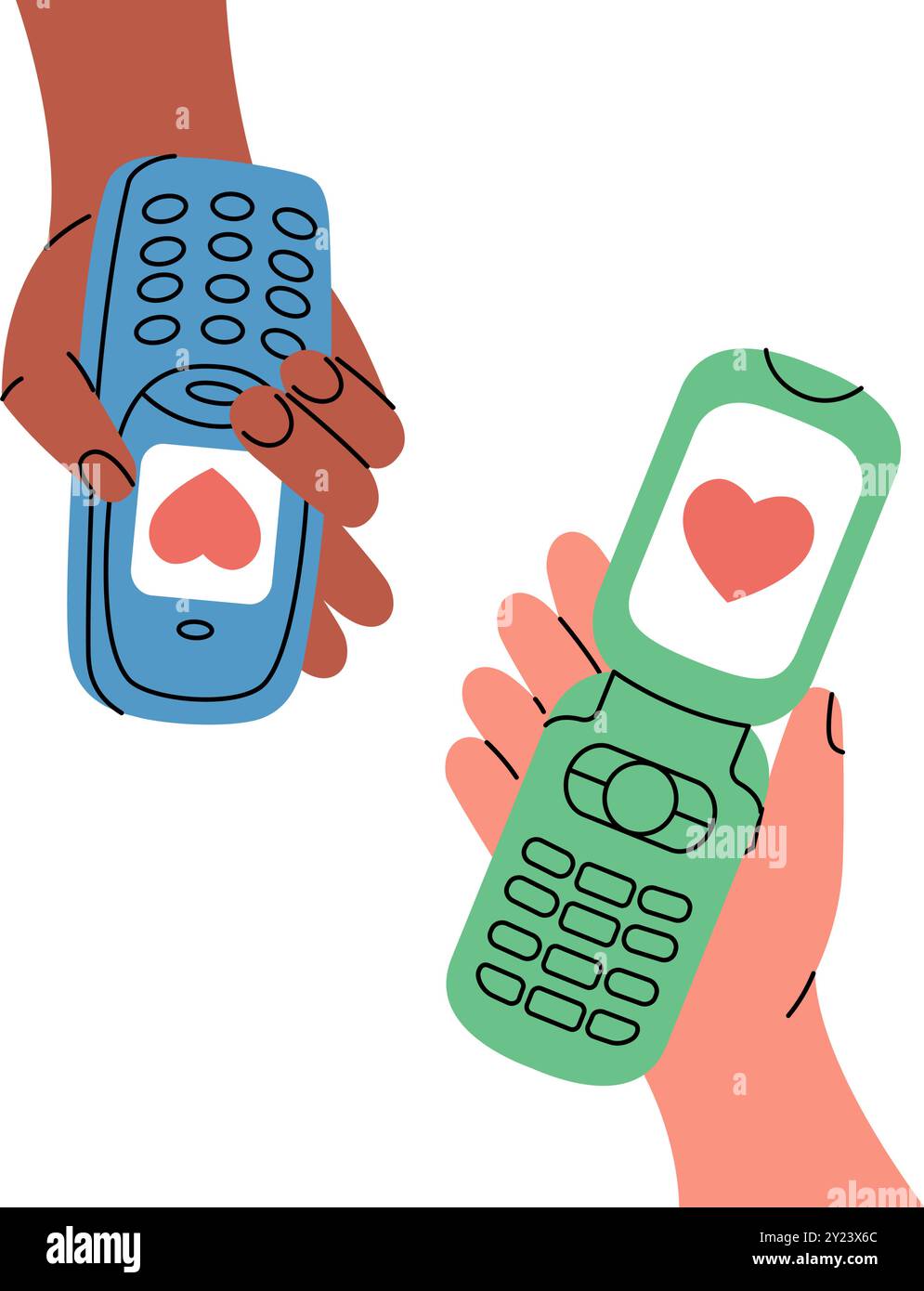 Due mani che tengono i telefoni cellulari. Mandare lettere d'amore. Trasferimento di denaro su smartphone. Concetto di pagamento online. Portafoglio elettronico. Illustrazione Vettoriale