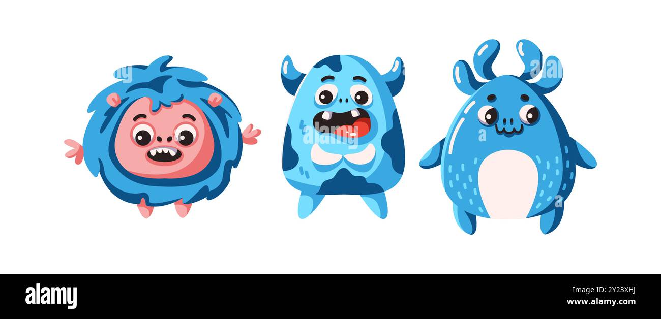 Simpatici mostri con personaggi di pelle blu Set di icone vettoriali di colore piatto. Divertenti creature con pelliccia, corna e artigli in bianco Illustrazione Vettoriale