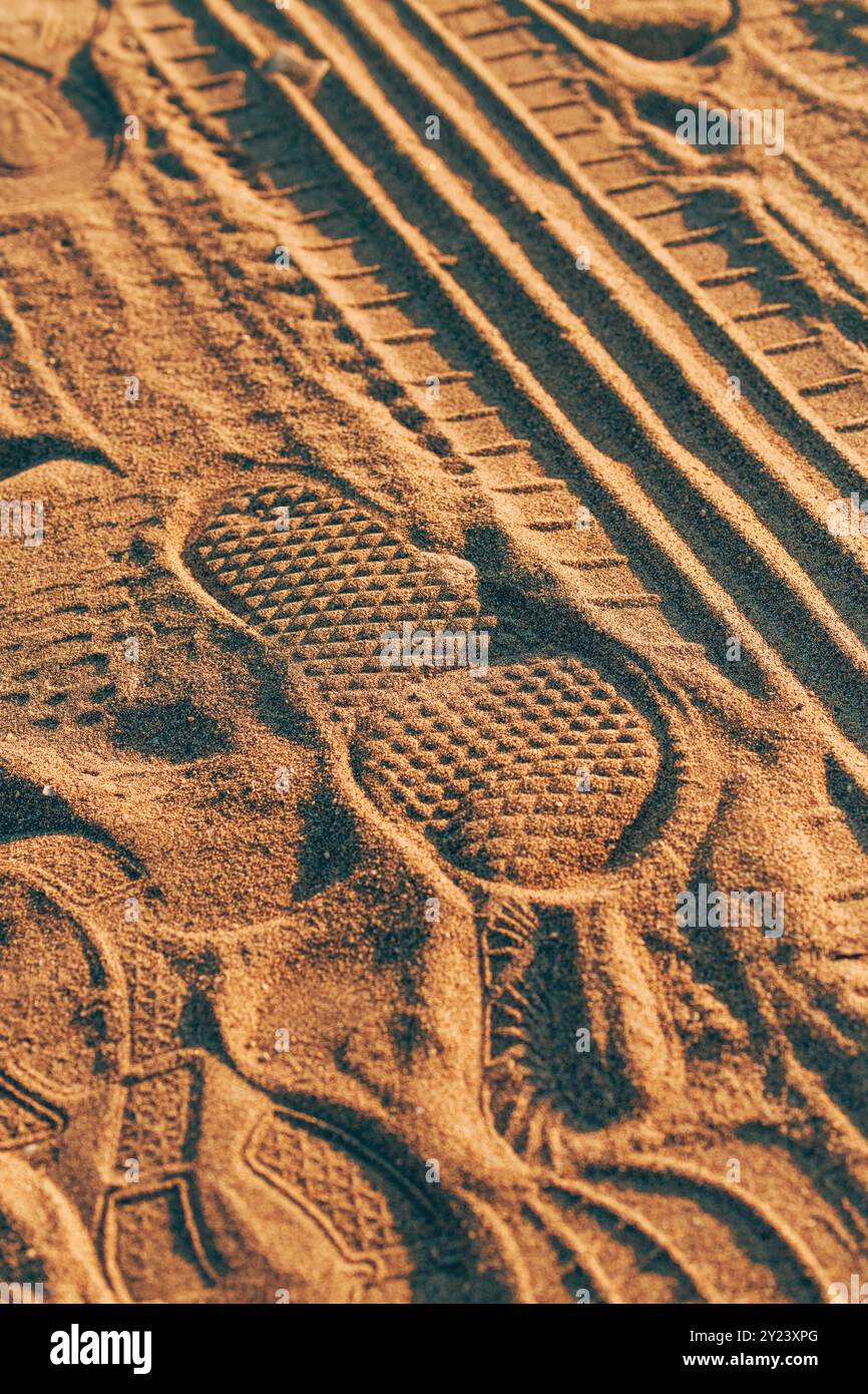 Impronta del predellino e segni del battistrada degli pneumatici in polvere e sabbia, messa a fuoco selettiva Foto Stock