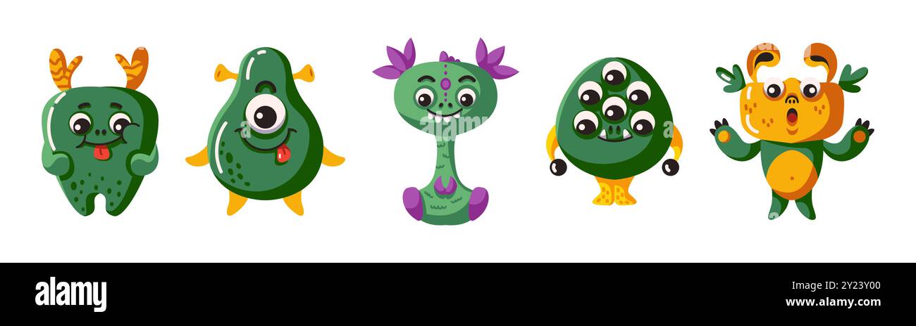 Mostri carini con personaggi di pelle verde, set di icone vettoriali di colore piatto. Creature aliene dal gruppo di illustrazioni del pianeta lontano su bianco Illustrazione Vettoriale