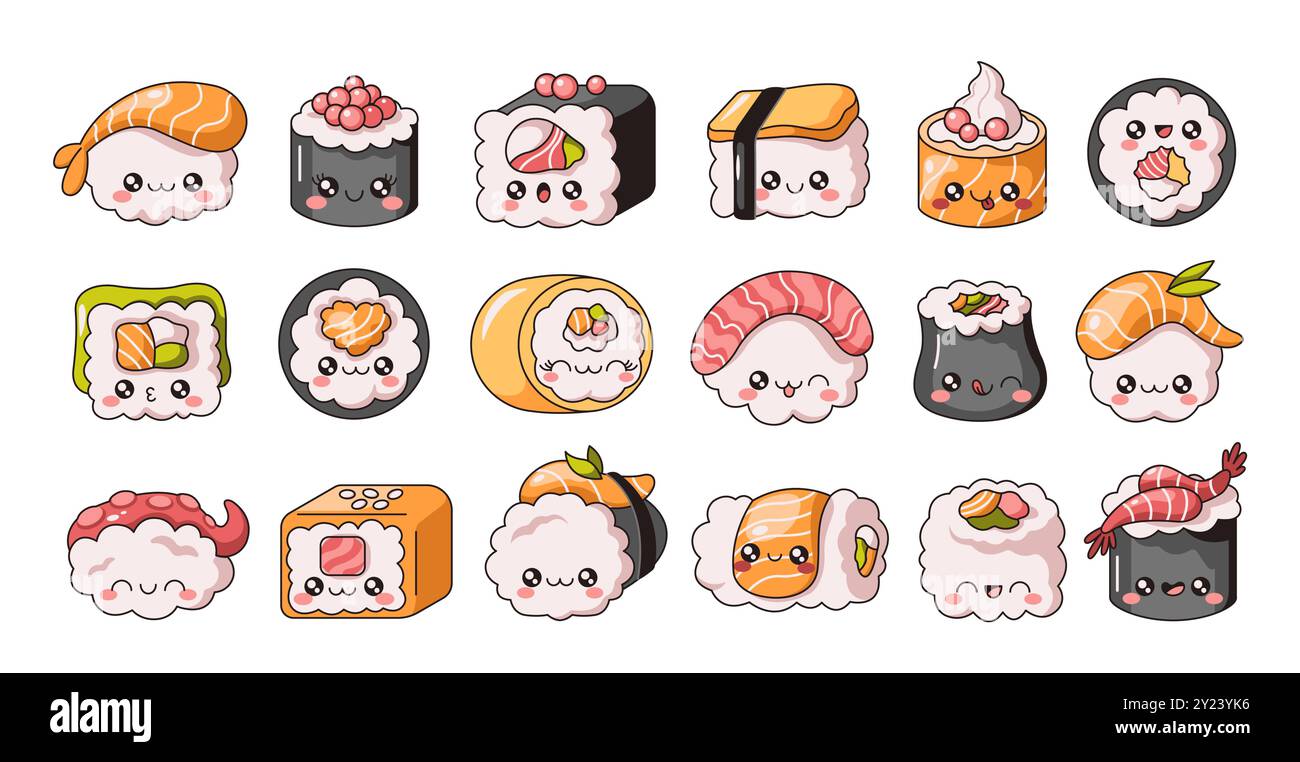 Panini di sushi Kawaii con facce piatte di colore vettoriale. Cucina tradizionale giapponese. Deliziosi personaggi della cucina asiatica nella collezione bianca Illustrazione Vettoriale