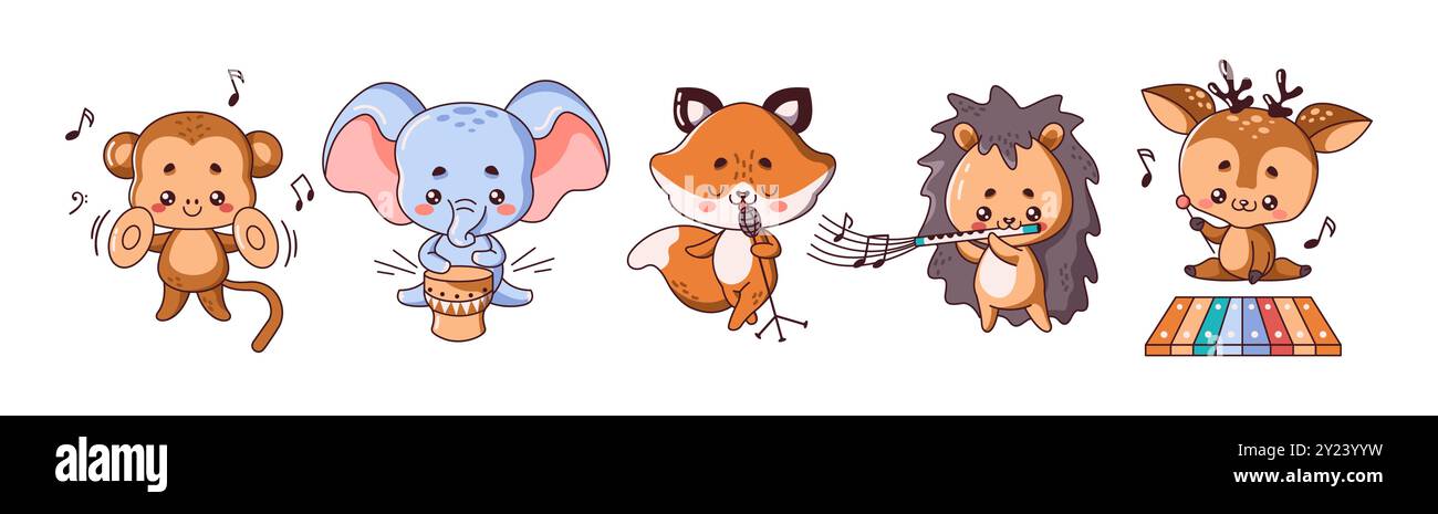 Kawaii Animals che suonano diversi strumenti insieme. Simpatici personaggi musicali si esibiscono in varie scene su sfondo bianco Illustrazione Vettoriale