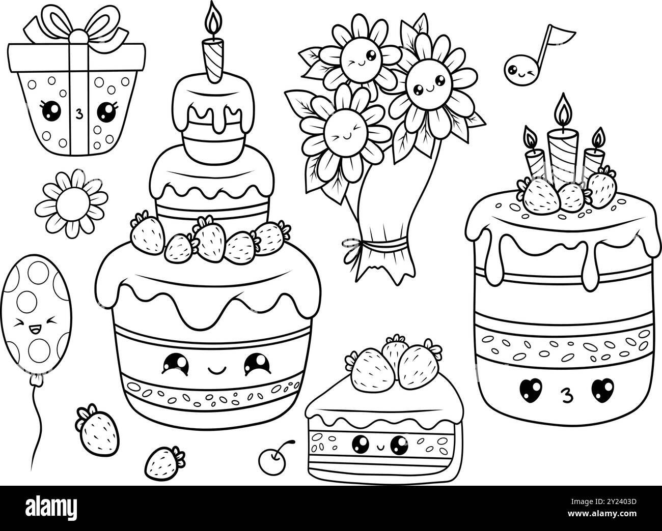 Set per le vacanze. Carino personaggio dei cartoni animati kawaii. Torta festiva di compleanno con candele e fragole, dolce dolce dolce, bouquet di fiori, palloncini e gif Illustrazione Vettoriale