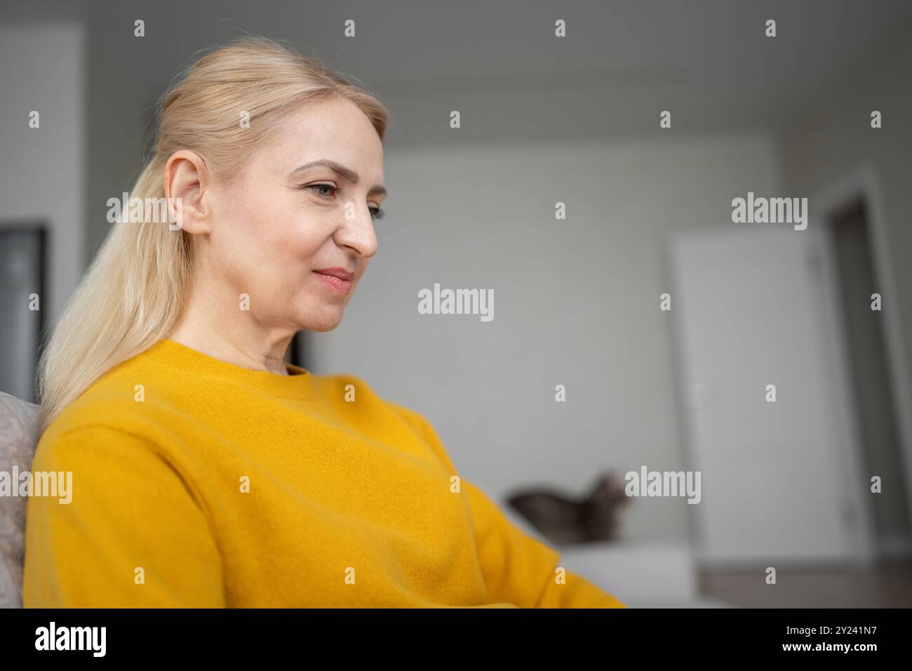 Una donna bionda lavora con molta attenzione dal suo ufficio domestico, scrivendo su un notebook Foto Stock