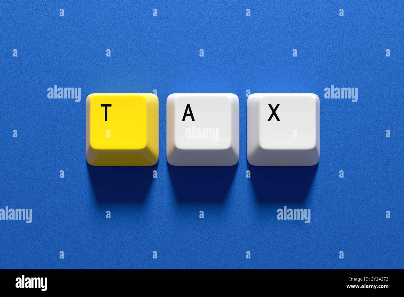 Concetto di pagamento delle imposte online. Tre tasti da tastiera che compongono la parola "tax" con la prima lettera in giallo su sfondo blu. Rendering 3D. Foto Stock