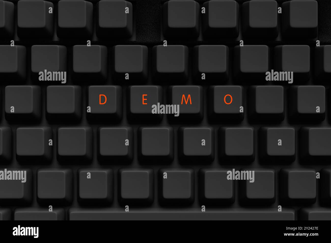 Tasti neri che scrivono la parola demo che illustra il software dimostrativo, un concetto di periodo di prova gratuito. Rendering 3D. Foto Stock