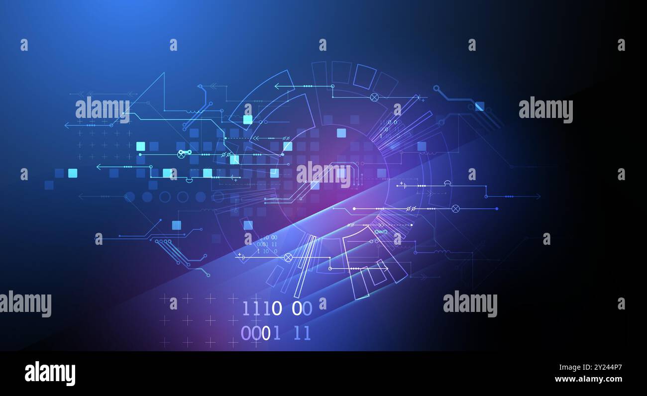 Illustrazione tecnologica astratta con luci al neon su sfondo blu scuro sfumato. Questo vettore è stato disegnato a mano. Illustrazione Vettoriale