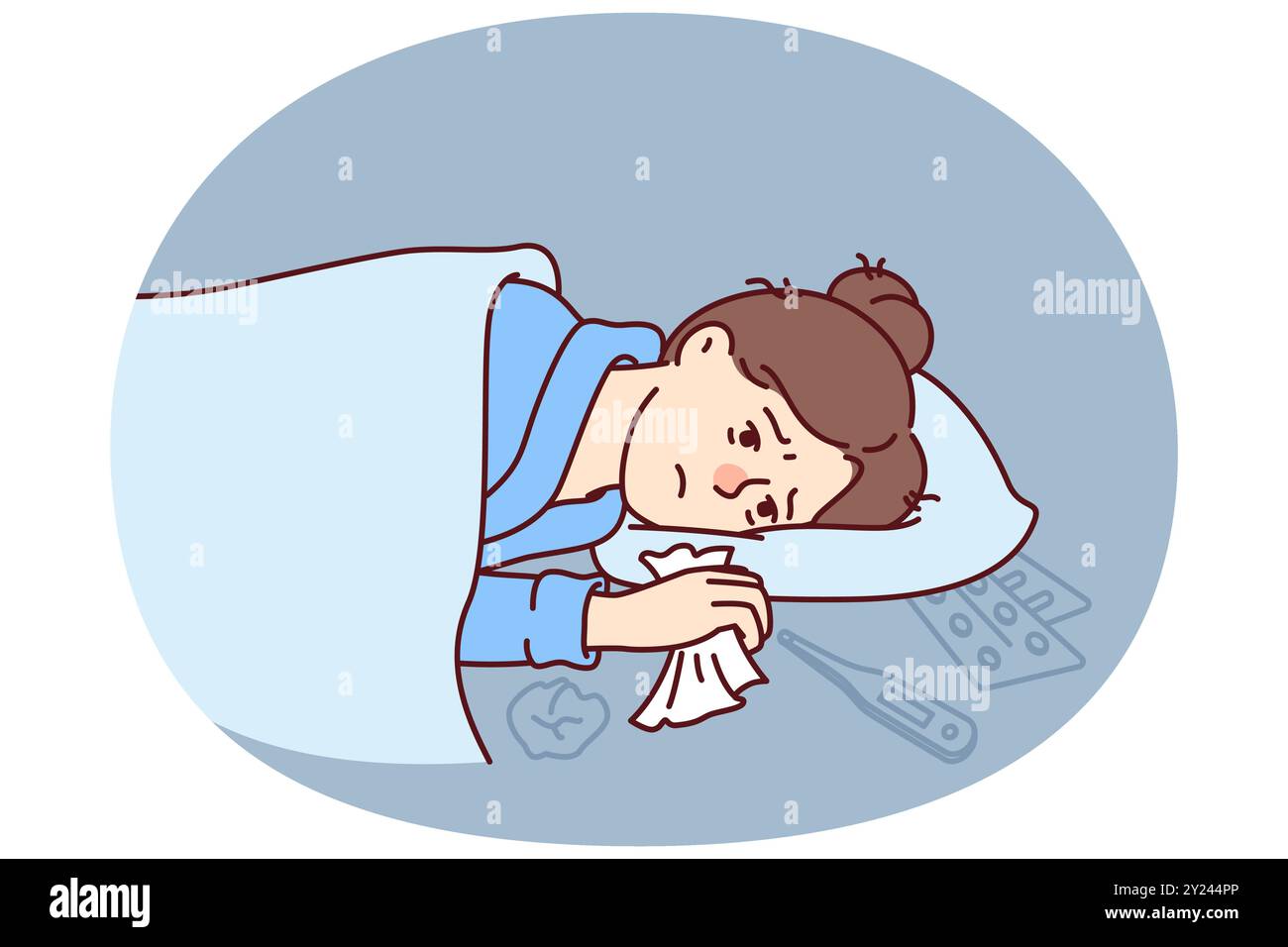 Donna malata di influenza si trova sotto coperta con fazzoletto in mano vicino al termometro e farmaci per trattare la febbre. La bambina malata ha bisogno di cure mediche qualificate a causa dello scoppio di infezione virale Illustrazione Vettoriale