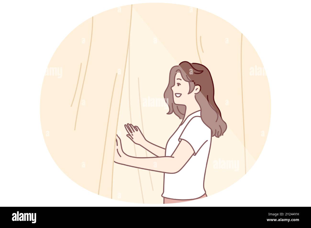 Donna sorridente guarda fuori finestra che apre le tende e godersi i raggi del sole del mattino d'estate. La ragazza apre le tende gioendo a nuovo giorno di sole dopo il risveglio al mattino o sogni di andare a piedi Illustrazione Vettoriale