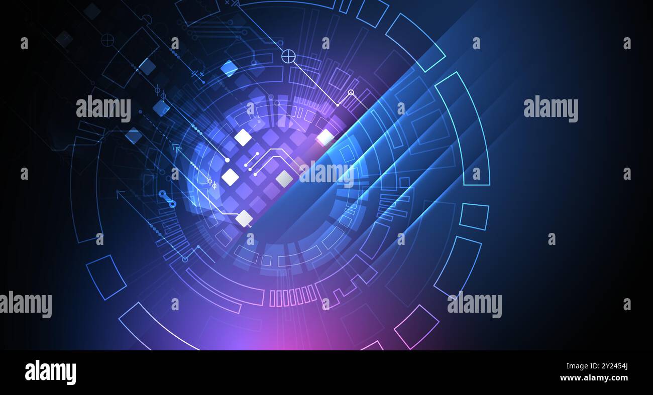 Illustrazione tecnologica astratta con luci al neon su sfondo blu scuro sfumato. Questo vettore è stato disegnato a mano. Illustrazione Vettoriale