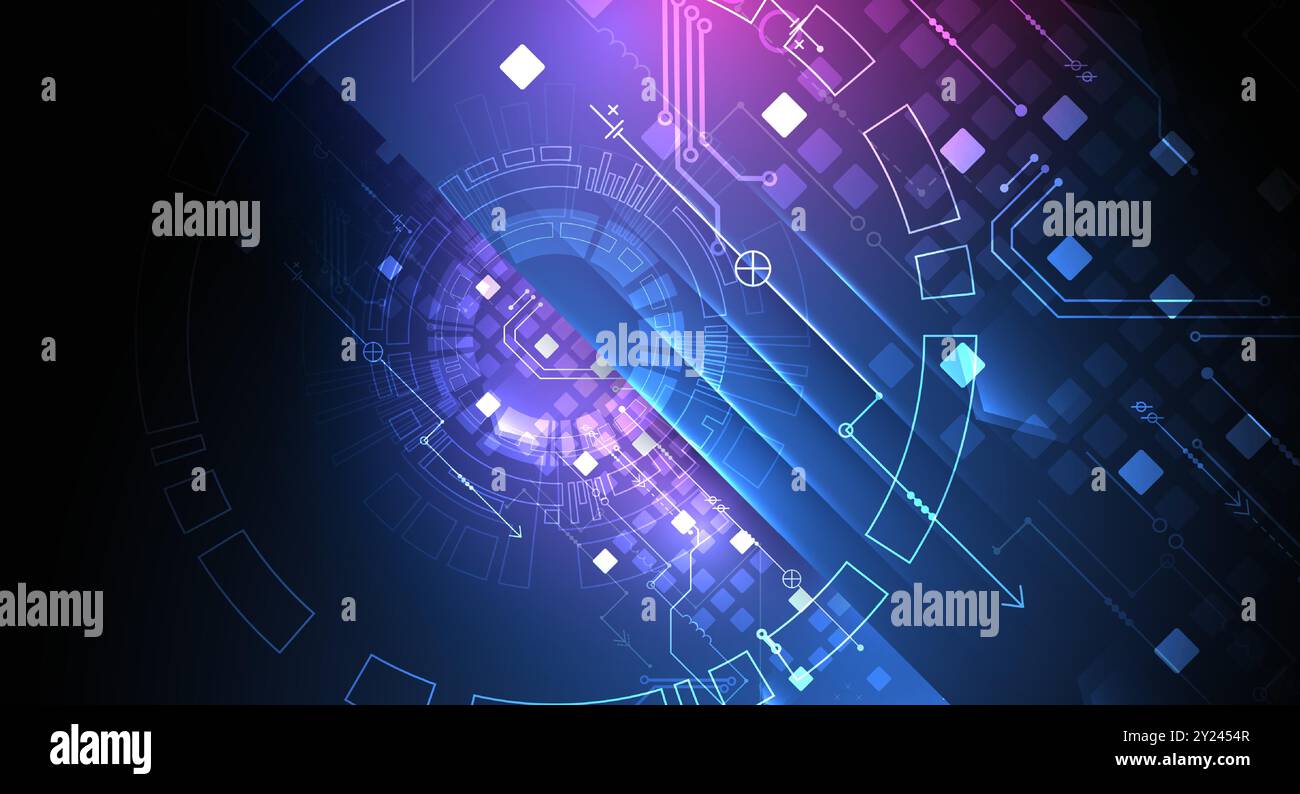 Illustrazione tecnologica astratta con luci al neon su sfondo blu scuro sfumato. Questo vettore è stato disegnato a mano. Illustrazione Vettoriale