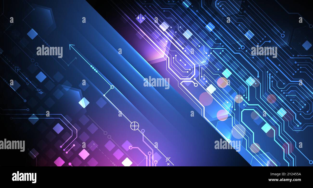 Illustrazione tecnologica astratta con luci al neon su sfondo blu scuro sfumato. Questo vettore è stato disegnato a mano. Illustrazione Vettoriale