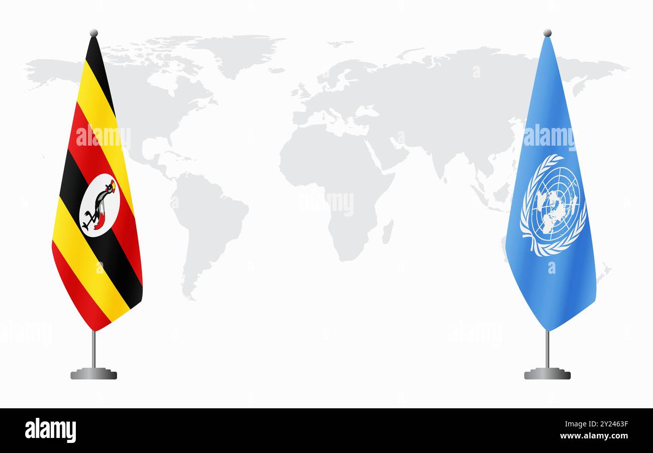Bandiere dell'Uganda e delle Nazioni Unite per l'incontro ufficiale sullo sfondo della mappa mondiale. Illustrazione Vettoriale