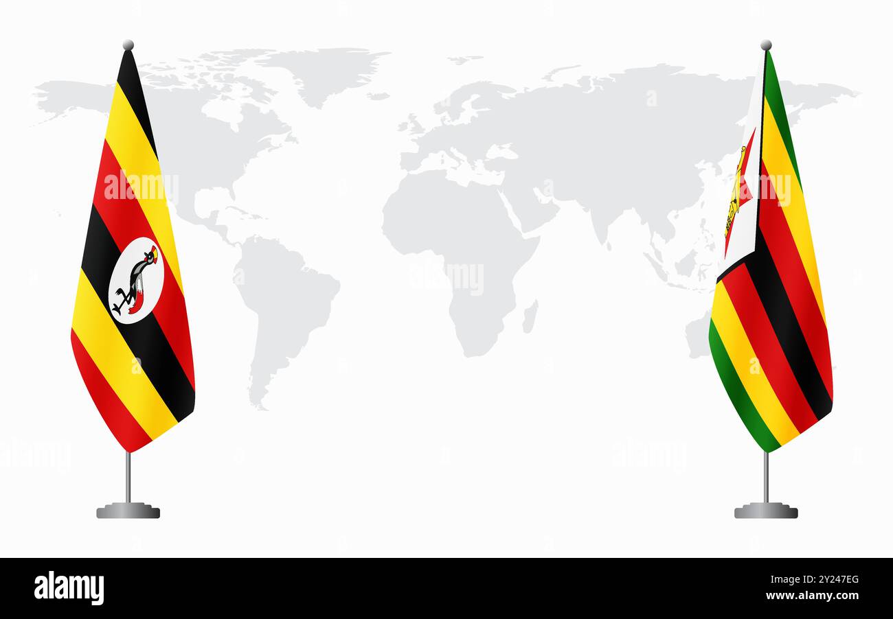 Bandiere dell'Uganda e dello Zimbabwe per l'incontro ufficiale sullo sfondo della mappa mondiale. Illustrazione Vettoriale